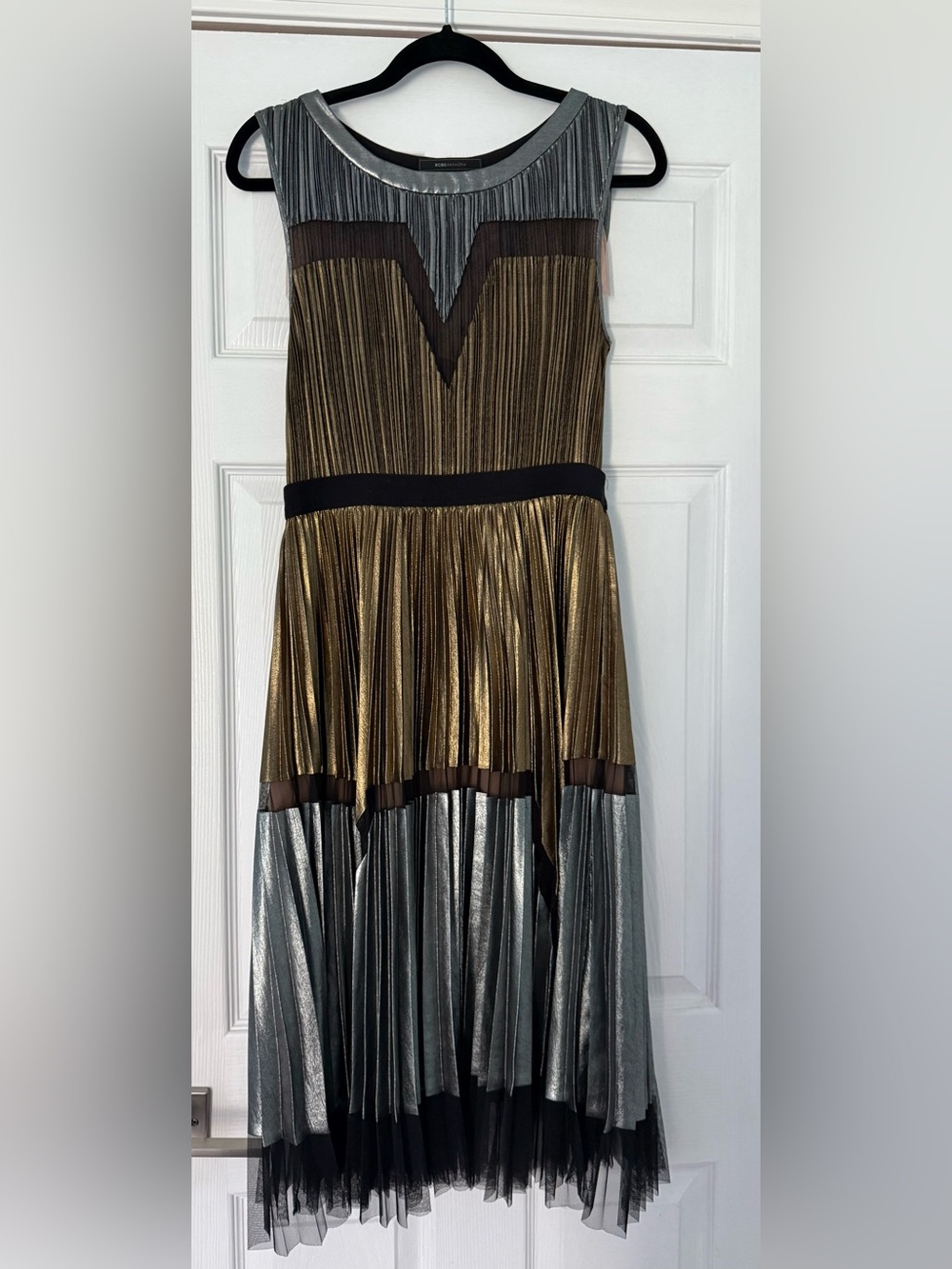 BCBGMAXAZRIA Metallic Gold Silver Pleated Mesh Party Dress M